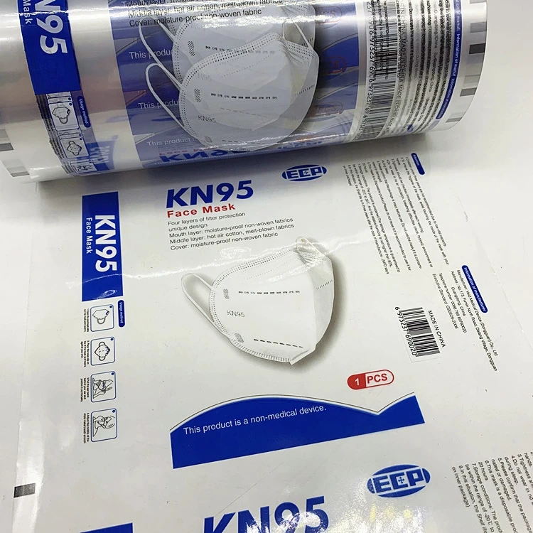 Custom printed logo transparent KN95 mouth-muffle packaging roll laminating packaging plastic film roll