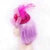 Customized new years eve party pink glitter mini hat with flower, feathers and white stripes bow