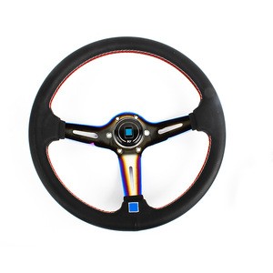 Deep Dish Style volante deportivo Steering Wheel Burnt Titanium Perforated Leather White Red stitch 350mm with Horn Button