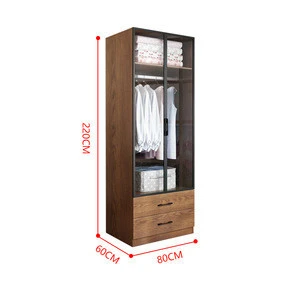 Double glass door clothes wardrobe with two drawers wooden material modern simple style clothes wardrobe customized OEM