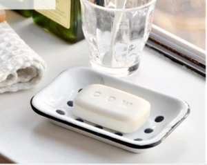 ES08 Vintage Style White Enameled Metal Soap Dish with Tray 2 layers top layer with holes