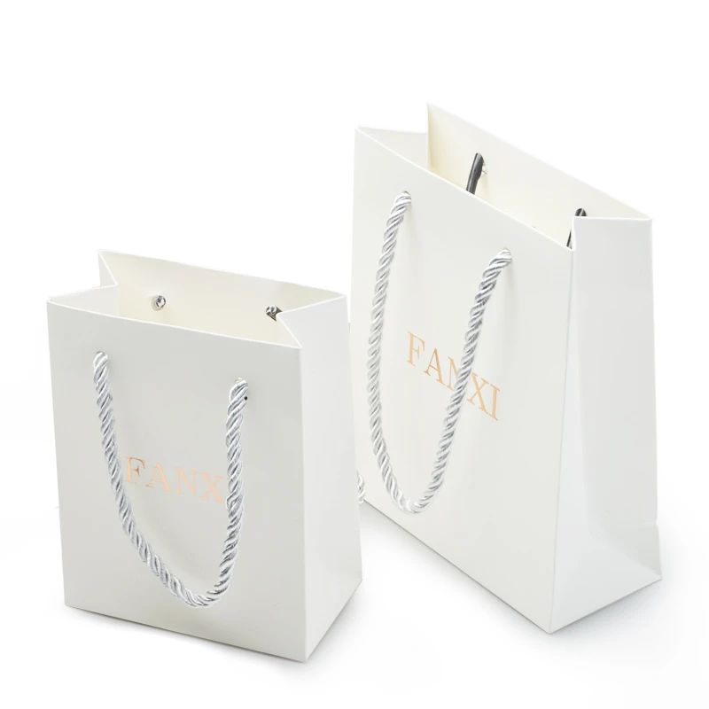 FANXI Elegant Custom Embossed Logo Printing In Stock Jewelry Gift Packaging Paper Bags with Rope Handle, Custom Shopping Paper Bags