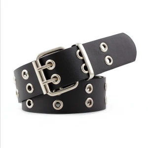 Fashion 2 holes lady belt double prong buckle pu leather belt with chain