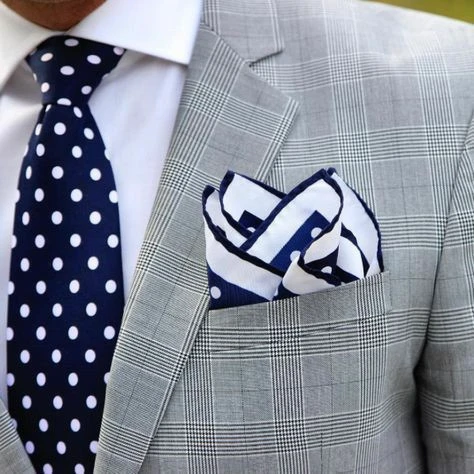 fashion custom mens navy blue white dot pattern 100% silk neck tie and pocket squares set