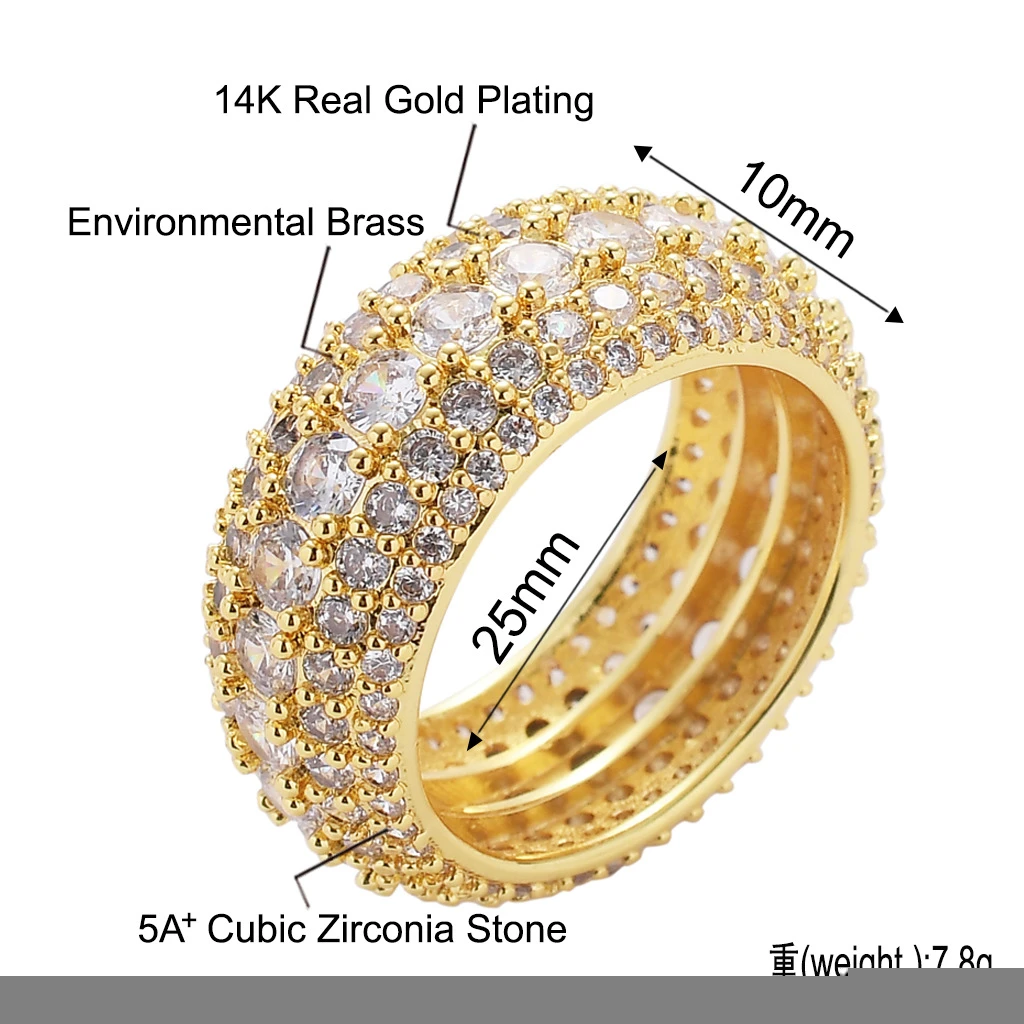 Fashion Selling Hiphop Luxury 18k Gold Plated Unisex Iced Out CZ Royal Lab Diamond Wedding Engagement Band Ring