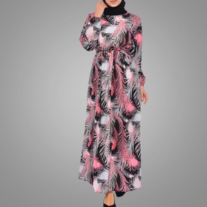 Flower Muslim Kaftan Dress Latest Burqa Design Long Sleeve Print Abaya Islamic Maxi Dress With Belt
