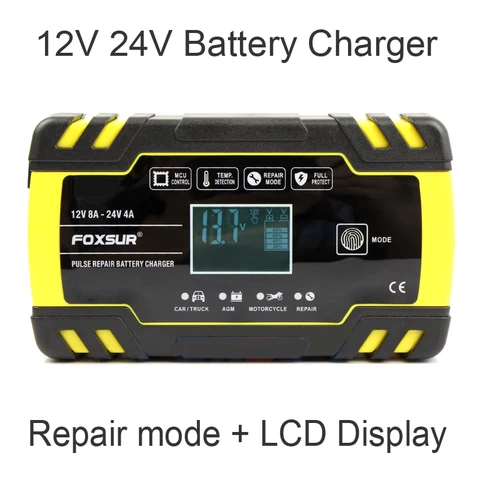 FOXSUR 12V 24V 8A Car battery Charger Portable Smart Automatic Car Battery GEL WET AGM Charger