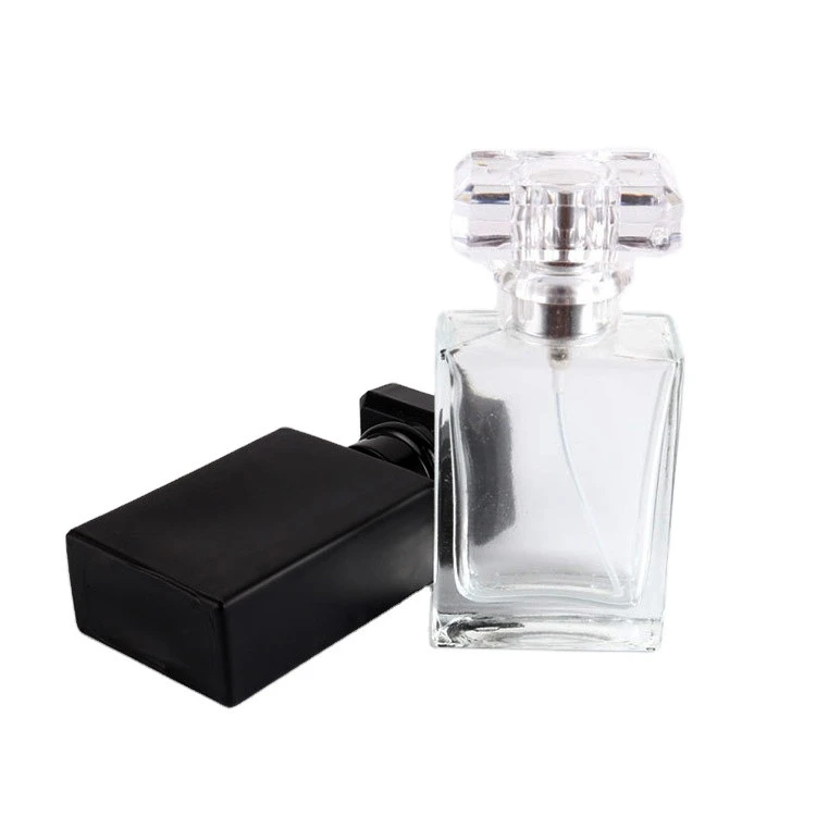 Frosted clear black rectangular custom refillable glass empty spray perfume bottle