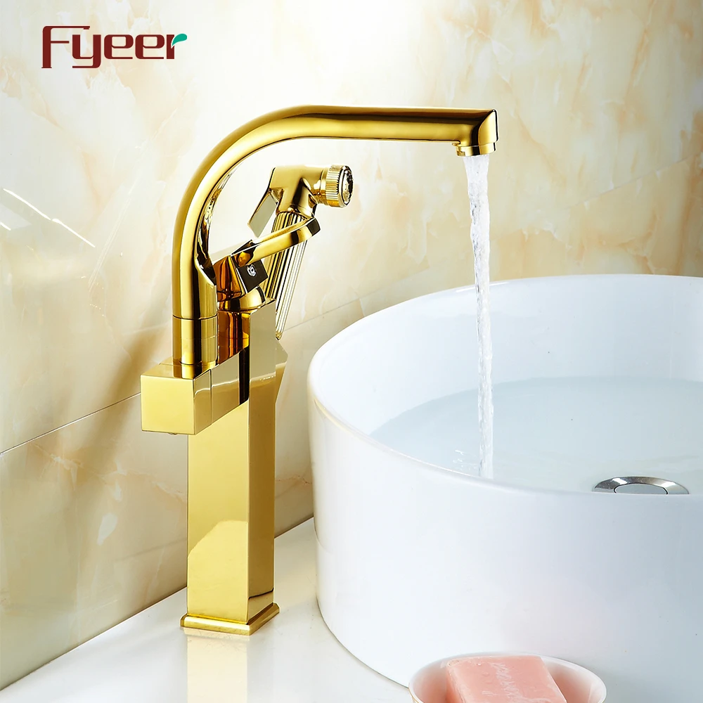 Fyeer High Arc Golden Pull Out Kitchen Sink Faucet with Pre Rinse Spray