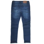 Guangzhou Fashionable children kid boy moto biker jean in dark blue indigo vintage wash with waist drawcord and 3D whisker