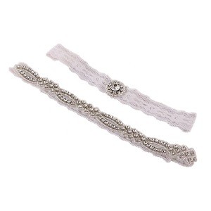 Handmade Bridal Accessories Lace Rhinestone Applique Ribbon Leg Wedding Garter Set Belt