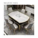 Home Furniture  Stainless Steel Frame Tempered Glass Dining Table With Induction Cooker