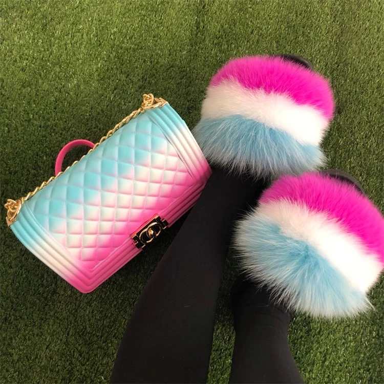 Hot fashion colorful custom fur slippers set fur slippers match with jelly bags