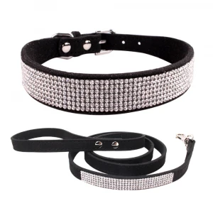 Hot sale shiny comfortable traction rope cat collar leather diamond rhinestone dog collar