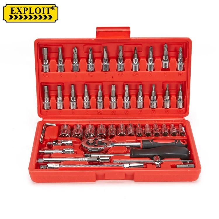 Hot Sales Heavy Duty Hand Tool Storage Boxes Portable 46 pcs Auto Car Repair Kit Ratchet Socket Wrench Tools Set Box