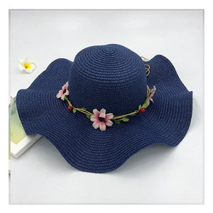 Hot sell Korean women&#39;s straw hat outdoor beach shade flower big brim hat sun