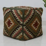 Jute Wool Rug Pouffe Covers Hand Woven Pouf Stool Ottoman Vintage Pouf Rustic Ottoman Wool Jute Kilim Ottoman Pouffe Covers