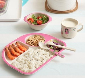 Kids Dinner Ware Set- Bamboo fiber Bowl,Toddler Plate,Cup,Fork &amp; Spoon, BPA Free,FDA&amp;LFGB Food Safety Approval