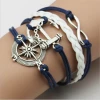 Large stock cheap price navy style white and blue pu leather woven rudder charm bracelet