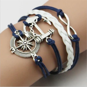 Large stock cheap price navy style white and blue pu leather woven rudder charm bracelet