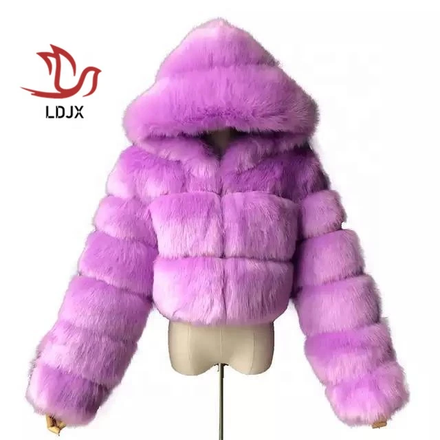 LDJX-C616 Plus Size Hooded Fall Winter Long Sleeved Patchwork Fur Crop Coat Women Faux Fur Jackets Fur Coat