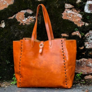 Leather Hand Stitch Shopping Travel Tote Bag