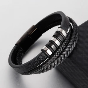Leather hand-woven bracelet, leather woven multi-layer mens leather bracelet, retro stainless steel leather rope