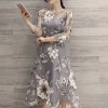 Long Sleeve O-neck Lace Double Layer Flower Prom Party Beach Dress For Women