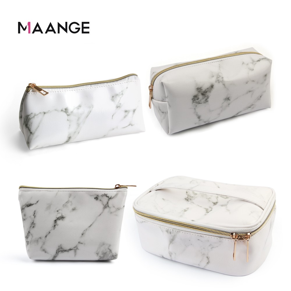 MAANGE 4pcs Cosmetic Bag Waterproof PU Leather Zipper Stand up Square Marble Makeup Brush Storage Holder Bags Cosmetic Bag