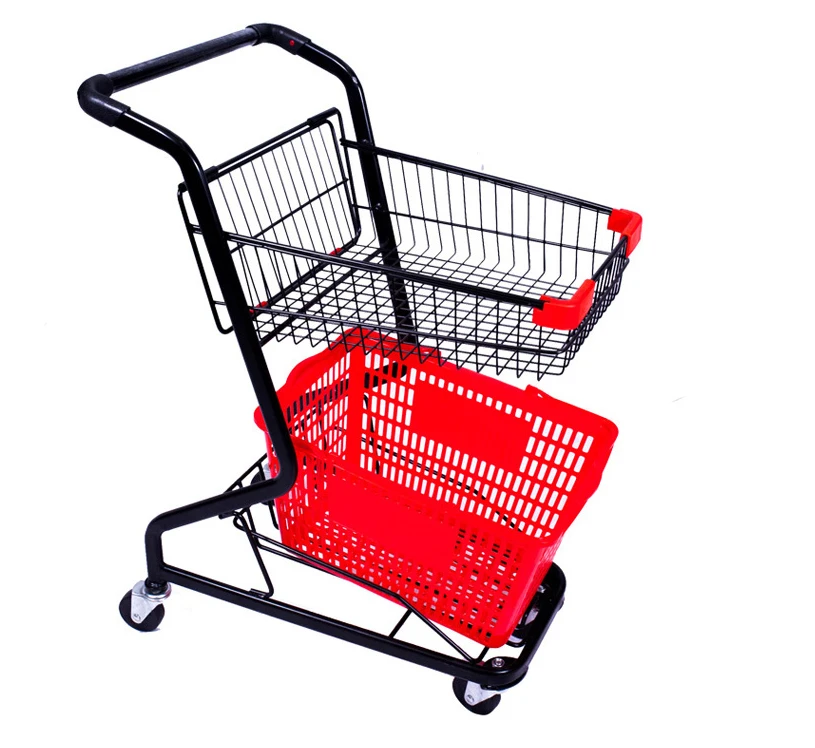 Manufacturer hot sale supermarket rolling 2-tier shopping trolley cart with plastic basket