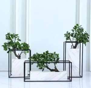 Marble vase square stone box iron frame modern design white marble pots planters sample room decor  flower vase