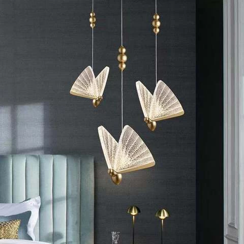 Modern Creative  gold acrylic butterfly pendant lamps led indoor bedroom hanging ceiling drop lamps hotel lobby chandelier