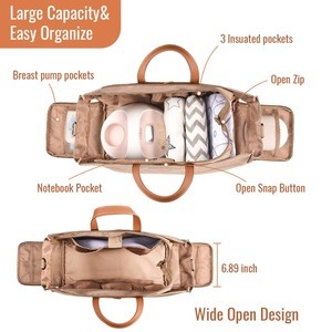 Momcozy Brown Wide Open Waterproof Breast Pump Bag Large Capacity Diaper Bag Nappy Tote for Travel