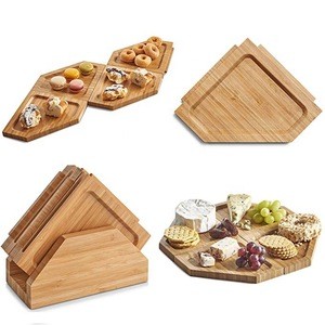 Natural antique 4pcs bamboo wooden reusable charcuterie meat serving boards dinnerware plates set with holder