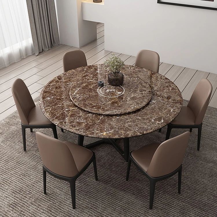 Nordic Round Brown Rotary Dining Table Set with 8MM Tempered Glass Table Top Solid Ash Wood Frame Lazy Susan Induction Cooker