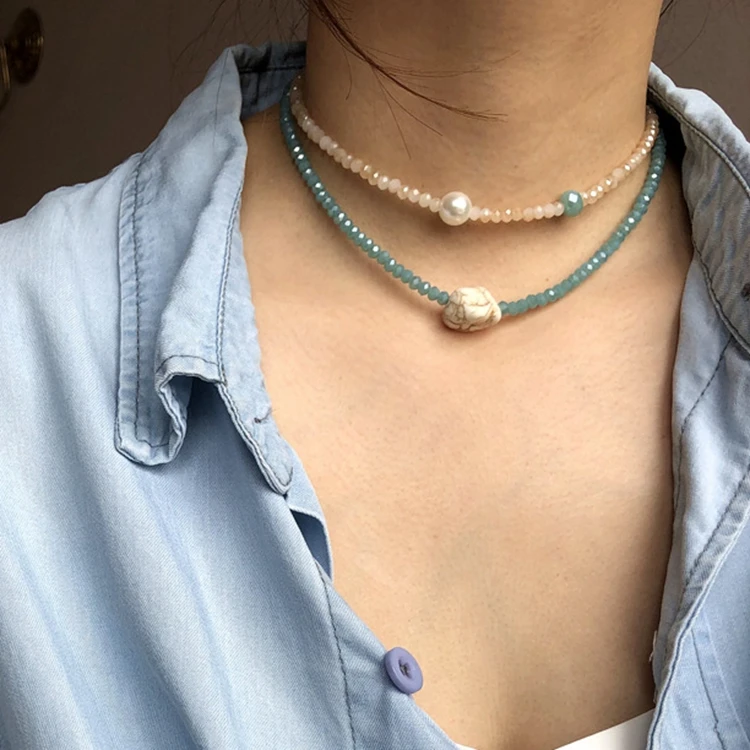 NUORO Geometric Pearl Turquoise Beads Adjustable Women Ladies Holiday Jewelry Boho Double Layer Crystal Beaded Choker Necklace