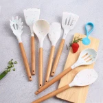 OEM Manufacturer Custom Food Grade Silicone Kitchenware 7 Pieces Cooking Kitchen Utensils Set with Wood Handle