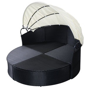 Patio Furniture Outdoor  Garden Round with Retractable Canopy Wicker Rattan Round Daybed