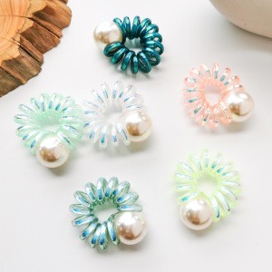 Personalized Fashion Custom Women Solid Colors Pearl Telephone Cord Hair Ties Elastic Ponytail Holders Traceless Hair Band