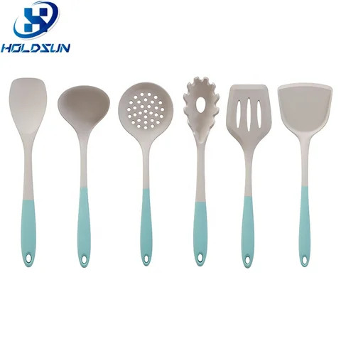 Premium 7pcs Kitchen Utensil Set Custom Color Eco-Friendly Food Safe Silicone with Blue and White Porcelain Ceramic Holder