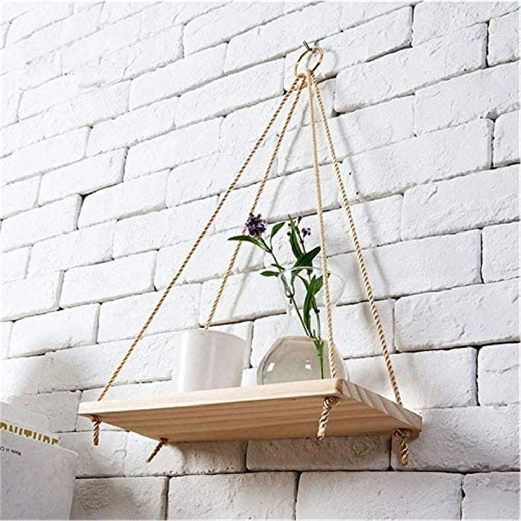 Premium Wood Swing Hanging Rope Wall Mounted Shelves Plant Flower Pot Rack indoor outdoor decoration simple design Shelves