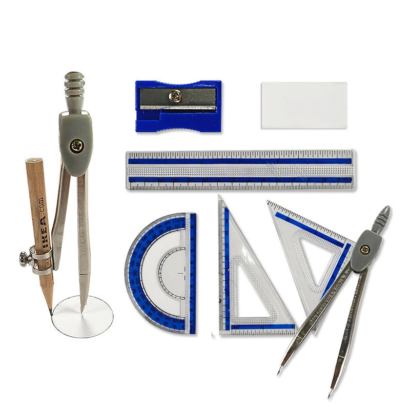 Professional customize 9 pcs MAX metal compass math instruments set plastic compass ruler iron box