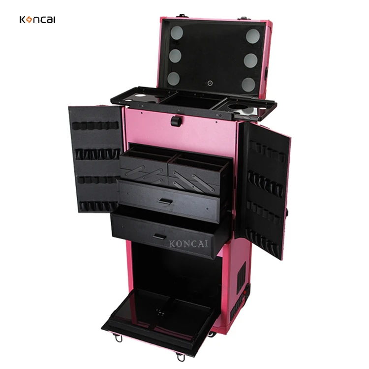 Professional makeup lighted case with drawers hairdresser trolley Rolling Case KC-JY02