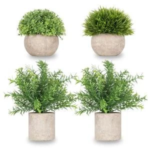 Realistic Fakes Plants Rosemary Plant Mini Potted Artificial Plants in Gray Pot for Bathroom Home House Decor(Set of 4)