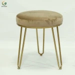 Round Shape Luxury Green Velvet Stool Ottoman with Gold Metal Rim