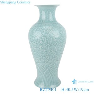 Rztm01-02-03-04-05-07-08-09-10-11-12-13 Jingdezhen Celadon Shadow Green Glaze Carving Flower Branch Pattern Vase