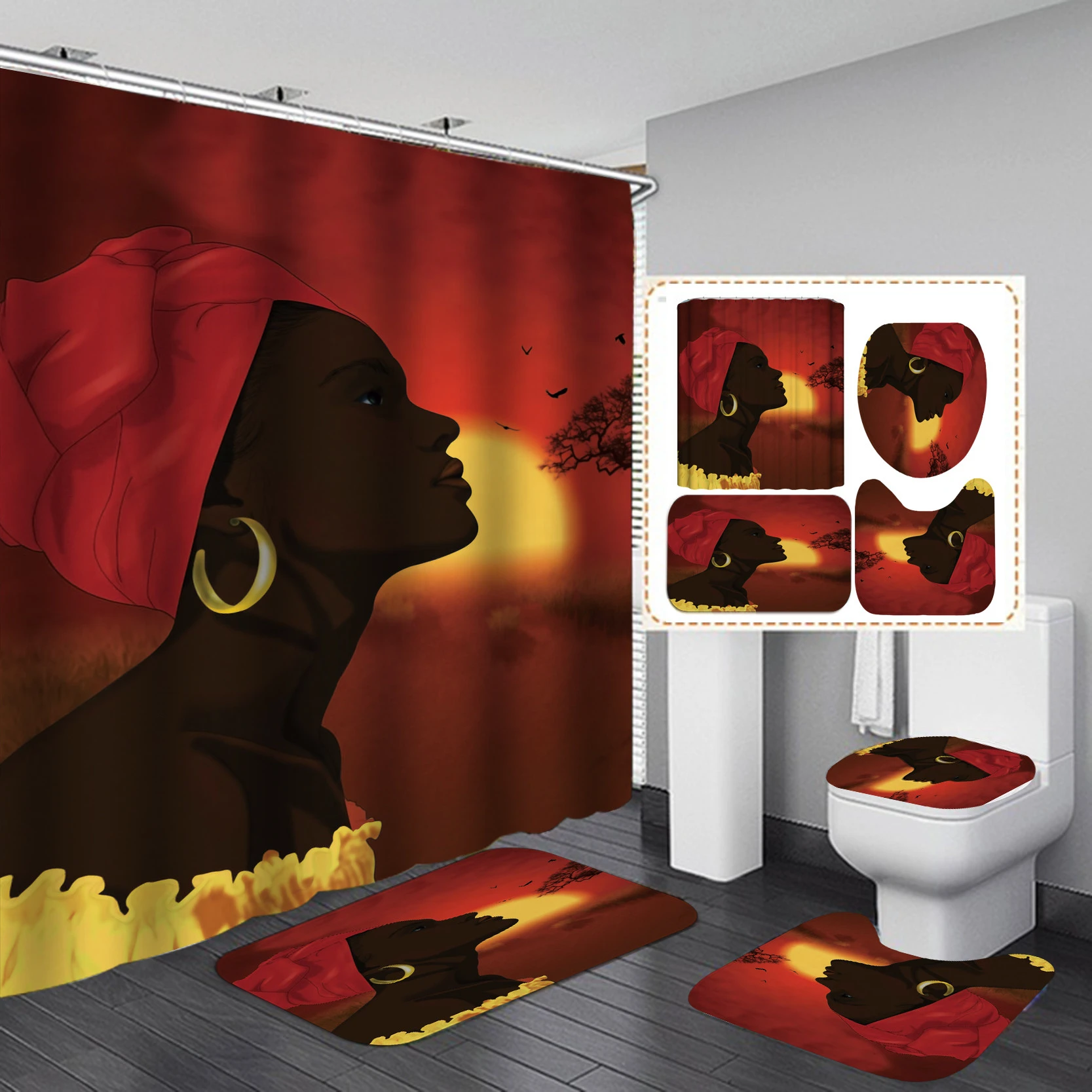 Sexy African Women Girl Waterproof Shower Curtain, Digital Print Polyester Non-Slip Rug Toilet Lid Cover Bath Shower Curtain/