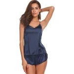 Sexy womens Sleepwear navy blue Satin pure mulberry Silk Camisole Tops and Shorts silk Pajamas Sets