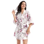 Silk Satin Wedding Bride Bridesmaid Robe Floral Bathrobe Short Kimono Night Robe Bath Robe Fashion Dressing Gown For Women