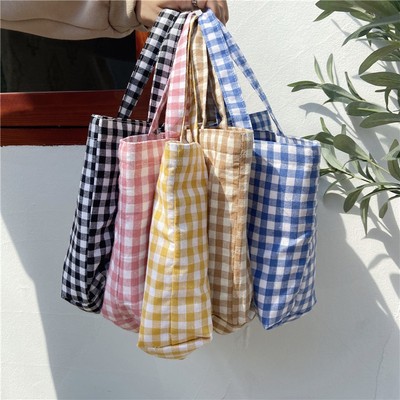 Simple Design Plaid Girls Handbags Kawaii Mini Small Hand Carry Cotton Lunch Bag